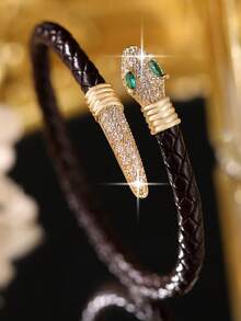 1pc Vintage Luxury Cubic Zirconia Snake Shape Open Bangle Bracelet, Unique Popular Style Copper Bracelet For Daily Wear, Banquet,Party,Christmas - Black - View 5