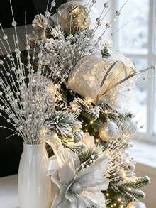 Christmas Silver Flowers,Pearl Sticks,Artificial Sparkling Berry Stem Silver Decoration, Christmas Tree Decorations,Berry Bead Stick, Filled Flower Arrangement, Wedding Party Favor, DIY Christmas Wreath, Handicrafts,Holiday Home Decor - Multicolor - View 1