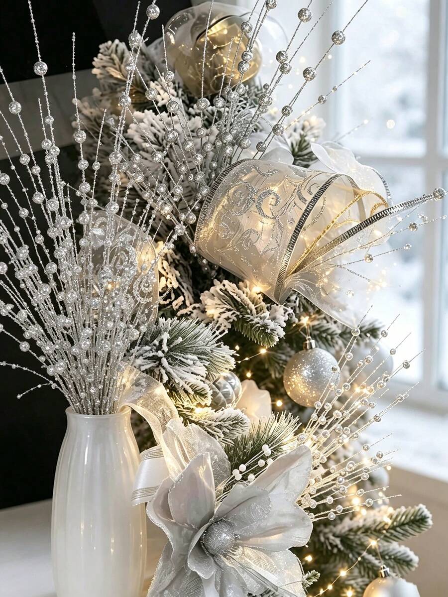 Christmas Silver Flowers,Pearl Sticks,Artificial Sparkling Berry Stem Silver Decoration, Christmas Tree Decorations,Berry Bead Stick, Filled Flower Arrangement, Wedding Party Favor, DIY Christmas Wreath, Handicrafts,Holiday Home Decor - Multicolor - View 1
