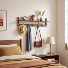 OUKANING Vintage Wall Mounted Coat Rack With Storage Shelf, 73.5cm Wood Iron Entryway Hook Rack With 5 Hooks For Hallway Kitchen Bedroom - View 4