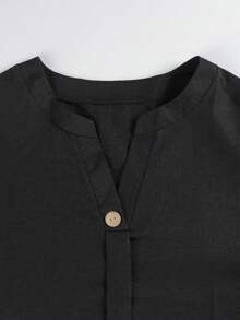 Women's Plus Size Casual Solid Color 2-Piece Set, Loose Fit Long Pants With Long Sleeve Button Detail Shirt, Suitable For Autumn - Black - View 6