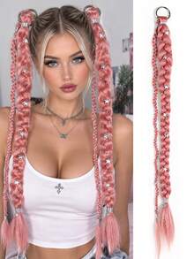 Women Black Decorative Braid Hair Extension, Long Braided Hairpiece With Star Ornaments, Easy Clip-In Design For Cosplay And Daily Hairstyle - Multicolor - View 11
