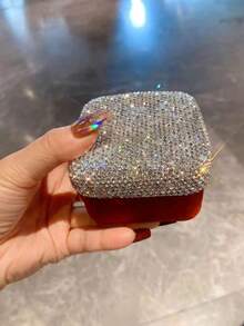 1pc Luxury Sparkling Artificial Rhinestone Jewelry Storage Box, Makeup Pad, Lipstick, Ring, Earring, Necklace Organizer, Travel Portable Bathroom Vanity Jewelry Box, Holiday Gift - Silver - View 6