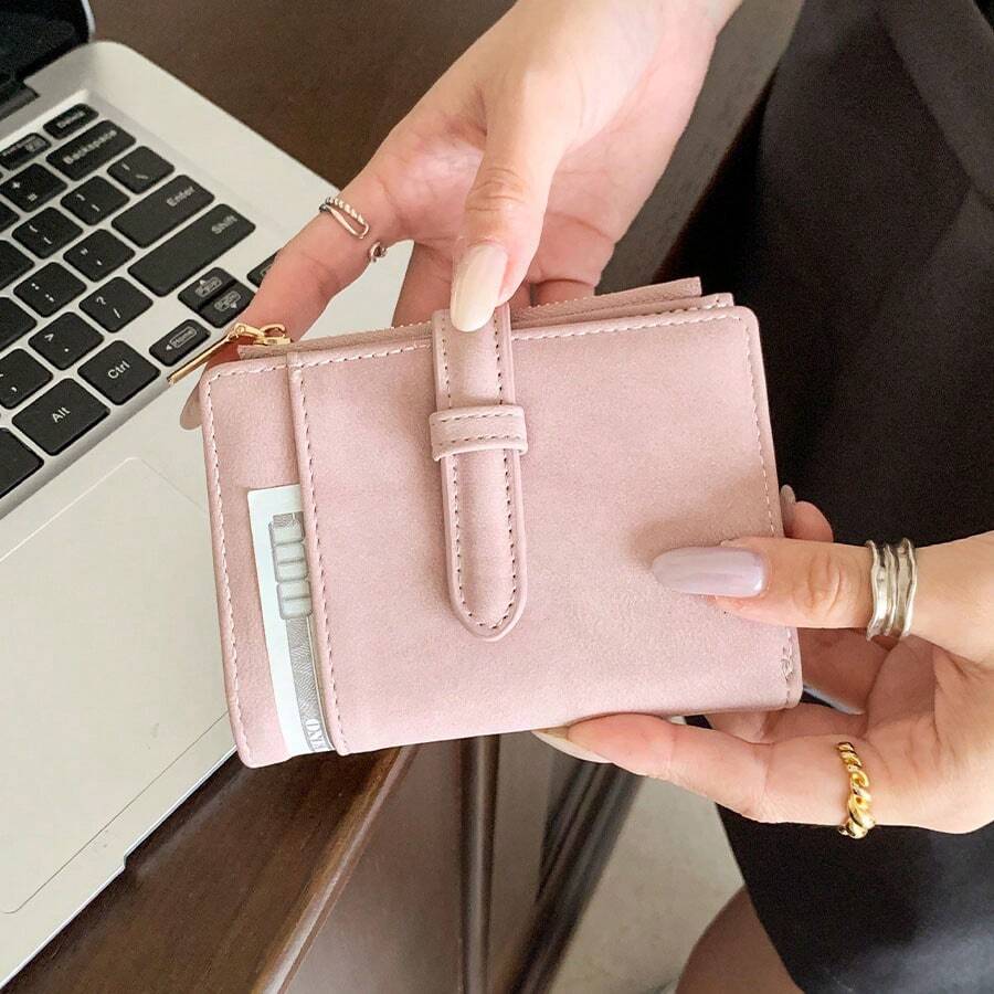 Minimalist Bifold Wallet With Buckle, Multiple Card Slots, Zippered Coin Pocket