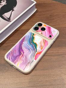 1pc Cream White Frame Rainbow Gold Fluid Marble Pattern Large Window Phone Case, Raised Lens Full Coverage Shockproof Soft Shell, Artistic Gradient Print Phone Case, Luxury Fashion Birthday Gift Compatible With IPhone Case & Galaxy Case, Compatible With IPhone 18 Phone Case, Compatible With IPhone 18 Pro Max, Compatible With IPhone 16, S25 Ultra Phone Case, S24 Ultra Phone Case - White - View 4