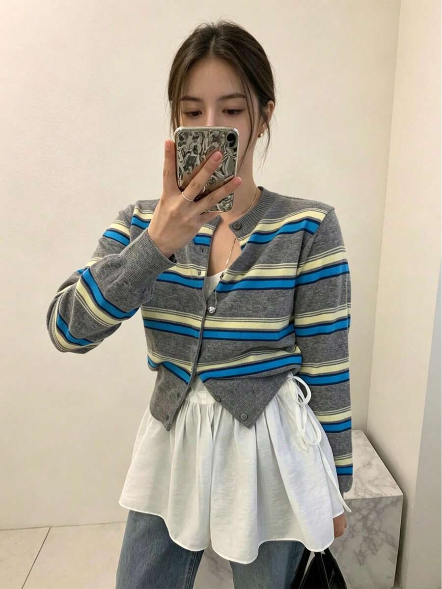 YCYC 韓系 Ins 風尚百搭長袖修身針織開襟衫 T-shirt - 灰色 - 查看 1