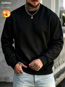 Men's Autumn/Winter Cotton Fleece-Lined Crew Neck Loose Fit Sweatshirt With Rose Print - Black - View 2