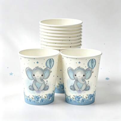 10/20pcs Cute Blue Elephant Hot Air Balloon Disposable Paper Cups, Cartoon Animal Print Party Drinking Cups, Tableware For Boys Baby Shower, Birthday Party, Kids Gathering Table Decor Supplies