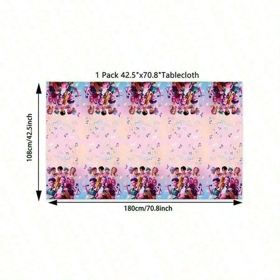 Hasbro 1pc K-POP Demon Hunter Girl Group Disposable Tablecloth Set With Colorful Musical Notes And Stars In A Dreamy Gradient Party Style. This Cartoon-Themed Popular Singing Idol Print Plastic Tablecloth Is Waterproof And Oil-Proof, Perfect For Girls' Birthday Parties, Family Gatherings, Holiday Celebrations, And Themed Decorations. Thickened, Durable, And Easy To Clean, Simply Discard After The Party Without Washing. Comes With Matching Printed Tissues For A Truly Immersive Atmosphere. - Random - View 1