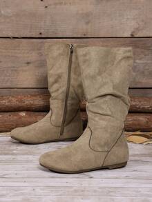 Women's Mid-Calf Boots Khaki Riding Tall Boots Flat Side Zipper Motorcycle Boots Round Toe Street High Boots - Khaki - View 2