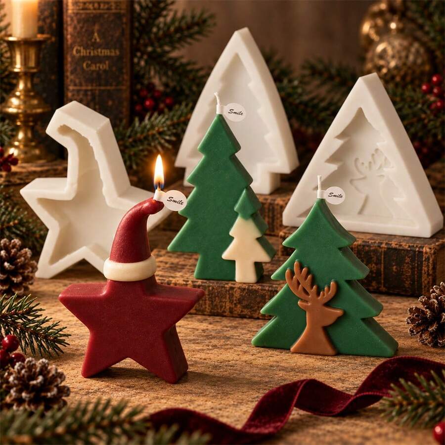 3D Christmas Tree Silicone Candle Mold, Santa Hat Star Xmas Tree Reindeer Candle Mould For DIY Handmade Scented Candle Plaster Resin Making Home Decor Holiday Gift