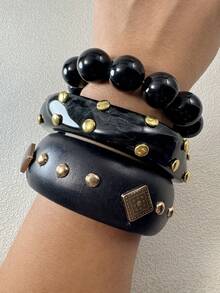 imoli 3pcs/Set Vintage Punk Style Stackable Resin Wide Cuff Inlaid Rivet CCB Square Bead Women's Bracelet Set, Bracelet, Wrist Jewelry, Suitable For Daily Party Matching Accessories - 33740-bra-black - View 4