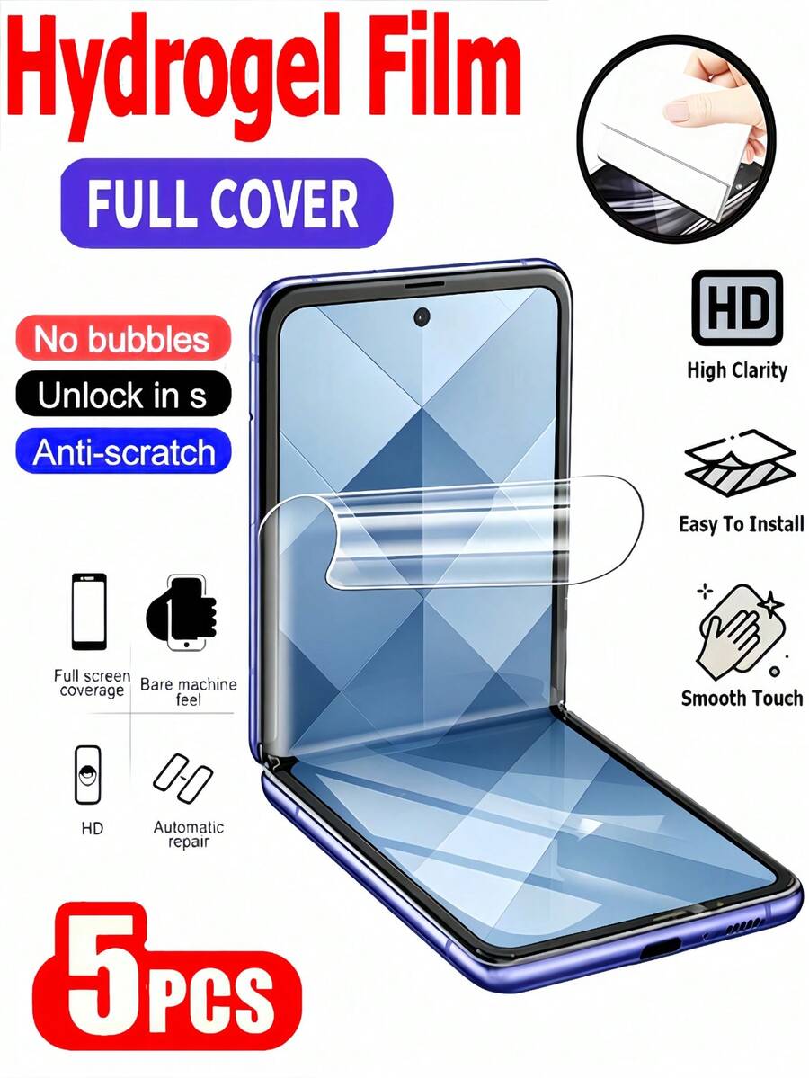 5片裝HD水凝膠手機螢幕保護貼，相容 Galaxy Z Flip 8 7 6 5 4 3 S26 S25 S24 Ultra FE A57 A56 A55／相容 18 Pro Max 17 16 15 14 Plus 13 12 11系列，全螢幕覆蓋防爆耐刮軟膜，非玻璃