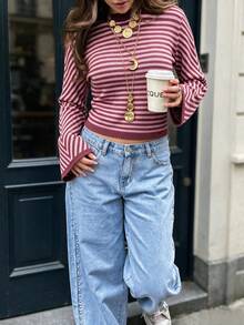 Women's Striped Crew Neck Short Knit Sweater, Vintage Style Top, Suitable For Daily Outings And Coffee Dates - Red - View 3
