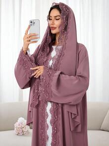 عباية مفتوحة للنساء المسلمات + حجاب، رداء خارجي فاخر مزين بالدانتيل والخرز بأكمام طويلة على الطراز الدبي المحتشم، ملابس إسلامية للعيد ورمضان - متعدد الألوان - مشاهدة 23
