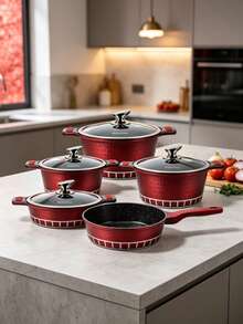 11PCS & 7PCS Red Non-Stick Cookware Set,  Kitchen Cooking Pots And Pans Set With Glass Lids,Durable Non-Stick Pan, Durable And Easy To Clean,Kitchen Cookware, Diamond Texture, Induction Compatible For Home Cooking - View 11