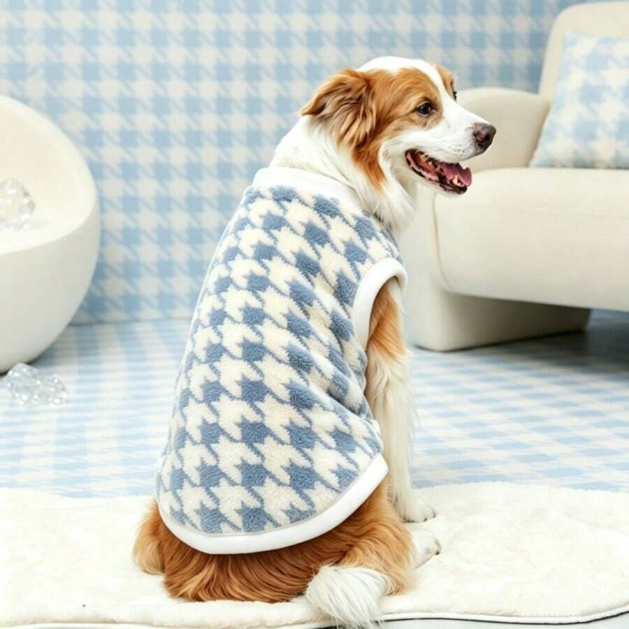 Houndstooth Pattern Large Dog Warm Vest, Single-Sided Fleece Design, Specially Designed For Medium And Large Dogs, Warm And Comfortable Pet Clothing, Decorated With White Soft Trim, Suitable For Medium And Large Dogs Winter Outdoor Wear - Dusty Blue - View 1