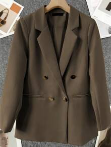 Spring/Summer Women's Solid Color Long Sleeve Double-Breasted Blazer, Notch Lapel | Suitable For Dates, Parties, Outings And Holiday Celebrations - Coffee Brown - View 3