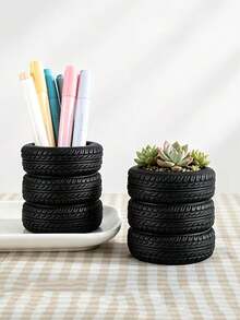 1pc Creative Simulated Tire Shaped Makeup Brush Holder, Car Enthusiast Desktop Accessory, Quirky Personalized Desk Storage Bin, Stationery Office Organizer Decor - Multicolor - View 2