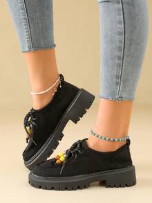 Lace-Up Vintage Beaded Suede Solid Color Loafers With Thick Serrated Platform Sole Slip-On Wedge Heels Fashion Versatile - Black - View 6