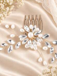 KOVLYNE 1pc Rhinestone & Pearl Hair Comb, Elegant Crystal Flower Leaf Bridal Headpiece, Sparkling Wedding Hair Accessory Suitable For Brides, Parties And Special Occasions - Multicolor - View 5