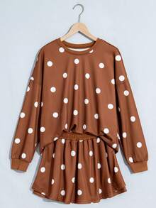 Acelitt Spring/Autumn Casual Polka Dot Print Crew Neck Loose Oversized Sweatshirt & Pants Set, Suitable For Daily Shopping, Outings And Vacations - Brown - View 4