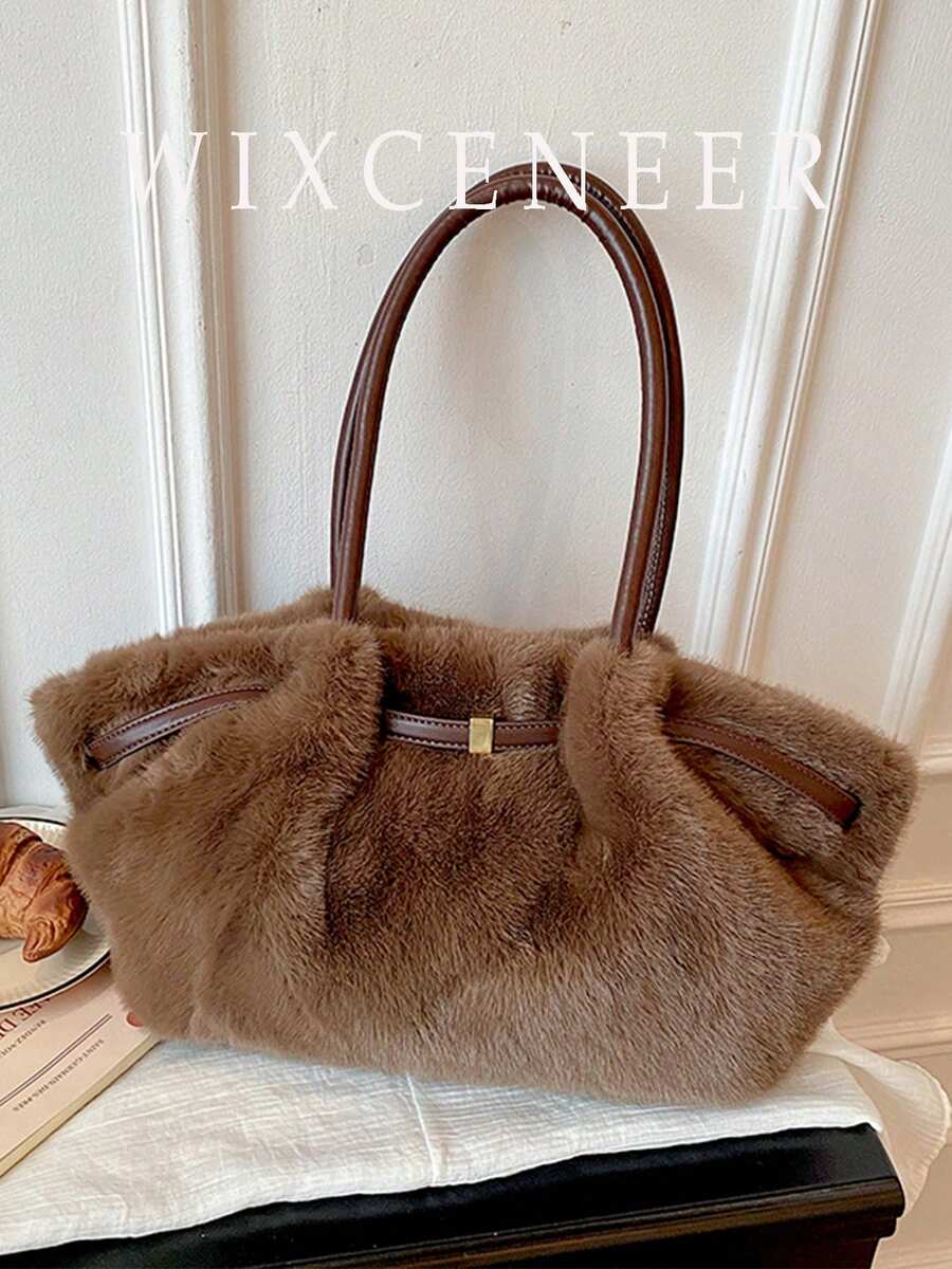 Soft Fuzzy Plush Tote Bag, Winter Retro Shoulder Bag, Large Capacity Handbag With PU Leather Handles Suitable For Office Shopping Daily Used Commuting
