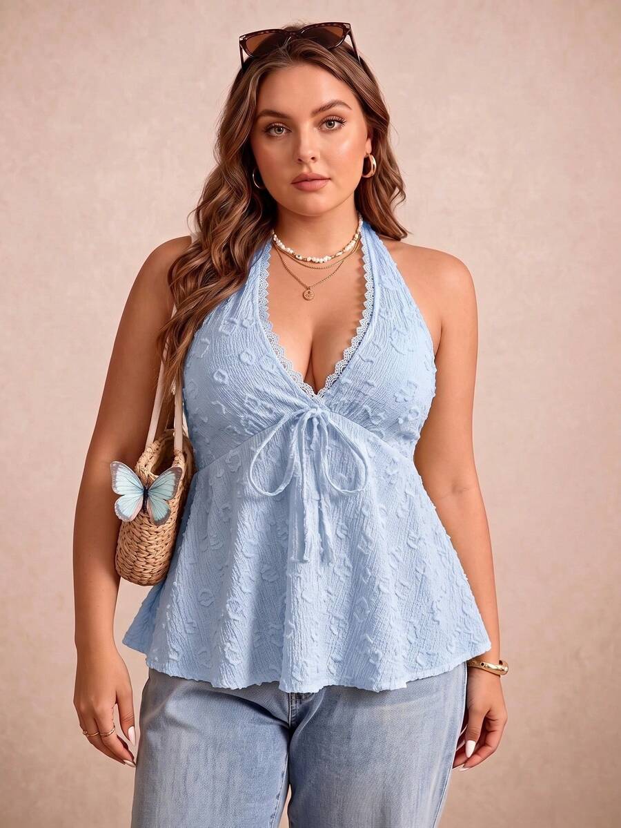 Rusttydustty Plus Size Women's Blue Lace Sexy Versatile Date & Outing Halter Top, Summer Style - Baby Blue - View 1