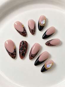 24pcs Autumn/Winter Atmosphere Leopard Print Press-On Nails Black Edge French Style Colorful Rhinestone Gold Bead Medium Long Almond Fake Nails - Multicolor - View 10