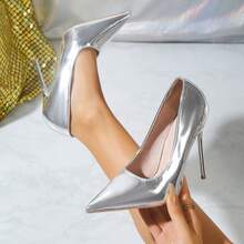 Women's Mirror Metallic Pointed Toe Stiletto Pumps, Elegant Slip On High Heel Party Wedding Dress Shoes - Silver - View 2
