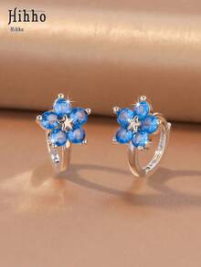Hihho 2pcs/Set 3D Flower Design Earrings, Transparent Blue Zirconia, Rich Color & Sparkling, Small Size, Delicate & Lively On Ears, Suitable For Daily Wear Or As Festival Gift - Small Flower Star - View 1