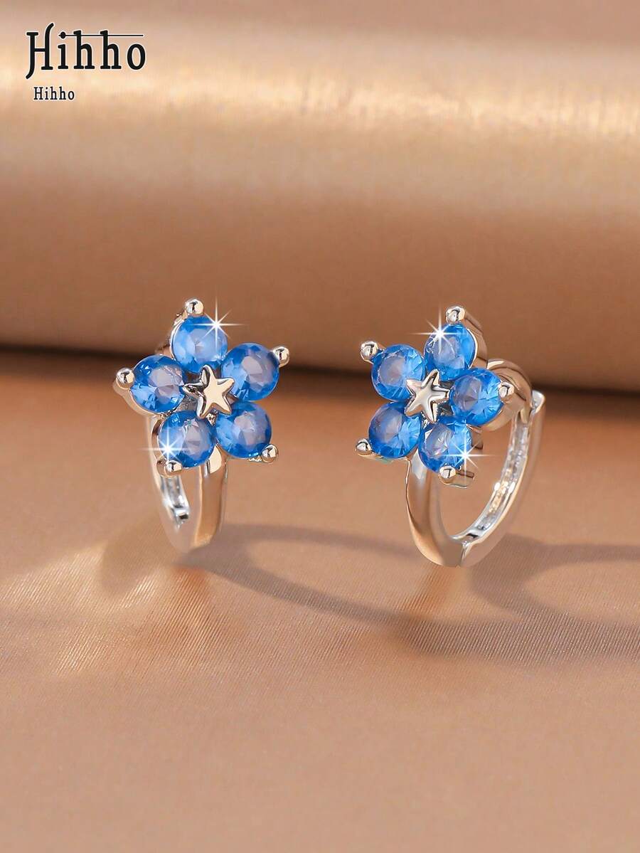 Hihho 2pcs/Set 3D Flower Design Earrings, Transparent Blue Zirconia, Rich Color & Sparkling, Small Size, Delicate & Lively On Ears, Suitable For Daily Wear Or As Festival Gift - Small Flower Star - View 1