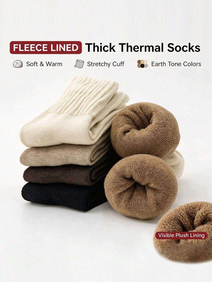 5 Pairs/1 Pair Comfortable Thick Fleece Warm Mid-Calf Socks, Elastic Ribbed Knit Winter Socks With Earth Tone Terry Lining, Suitable For Boots And Indoor/Outdoor Wear, Random Color, 2/6/10/20 Pairs - Set a - View 1