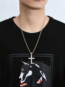 1pc Men's Stainless Steel Cross Pendant Necklace With Twist Chain, Hip Hop Rap Rock Style, Rhinestone Fashion Jewelry - Multicolor - View 8