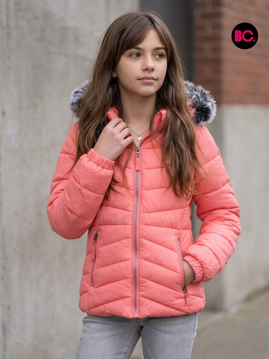 Chamarra Acolchada Para Niña Con Capucha Desmontable Y Peluche, Cierre Frontal, Bolsillos Con Cierre, Casual Para Invierno, Escuela, Paseos, Viajes Y Uso Diario Infantil Big City Moda Casual - Coral - Ver 1
