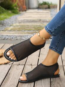 Women's Simple Mesh Breathable Peep Toe Sandals - Black - View 1
