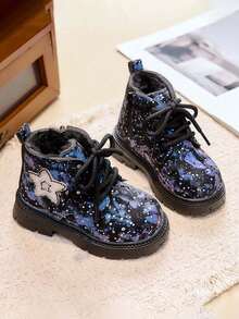 Kids Starry Print Thermal Lined Boots Lace-Up Thick Sole Anti-Slip Warm Winter Ankle Boots For Boys And Girls - Blue - View 2