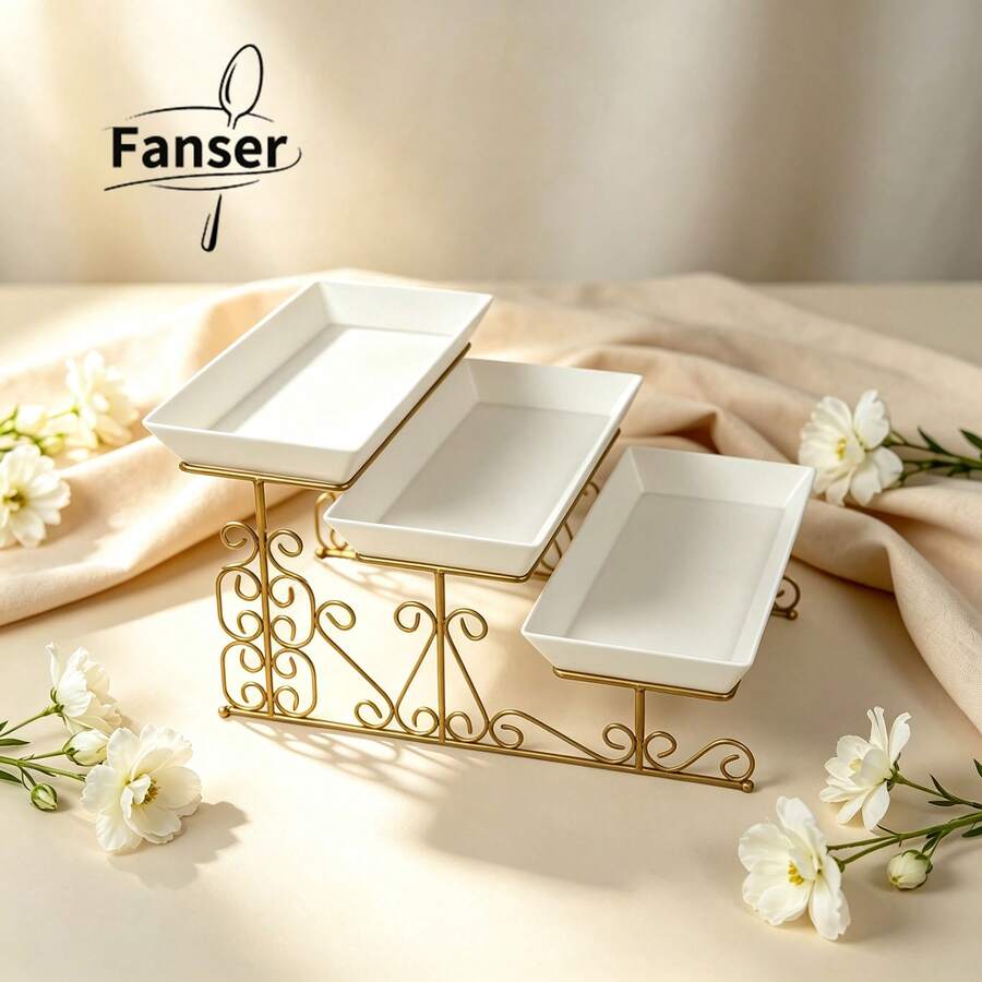 Fanser Gold Iron 3-Tier Cake Stand With 3 White Plastic Trays - View 1