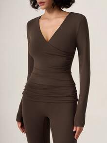 TimeOff Women's One Set Solid Color Cross V-Neck Long Sleeve V-Fold High Waist Mid-Length Pants Set - Brown - View 2