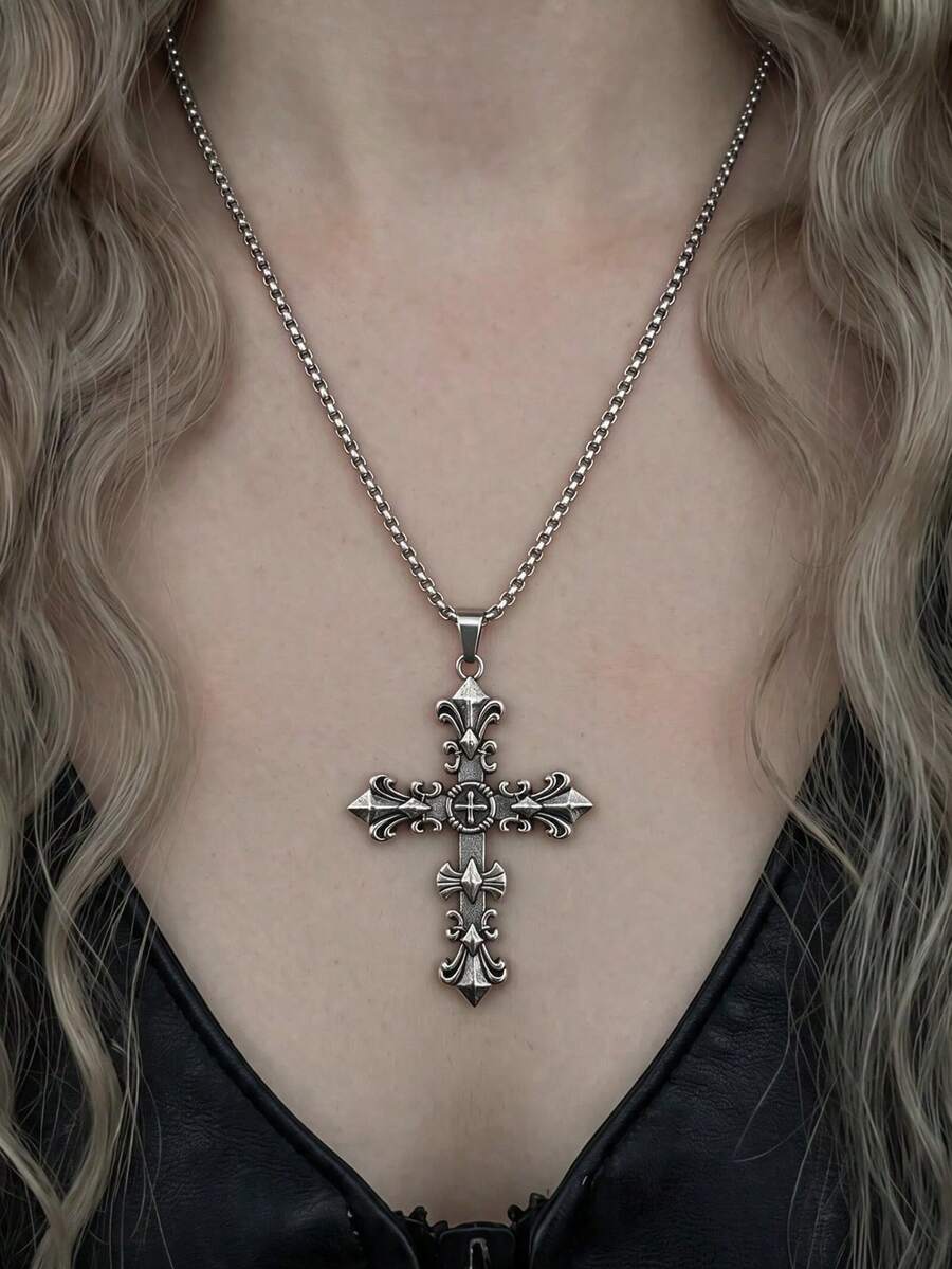 1pc Women's Vintage Gothic Cross Pendant Necklace, Suitable For Daily Wear, Party, Music Festival, Bar