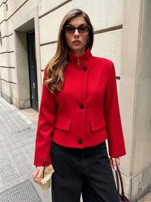 Fashion Women's Short Jacket, Stand Collar Long Sleeve Woven Fabric, Suitable For Autumn Wear - Red - View 4
