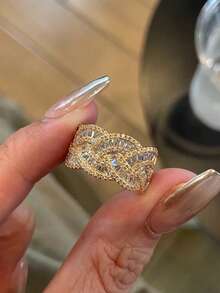 3 buah Cincin Terbuka Geometris Pilin dari Paduan Tembaga dengan Zirkonia Kubik Mewah Gaya Prancis, Cocok untuk Wanita untuk Pernikahan, Perjamuan dan Pesta - Yellow Gold - View 3