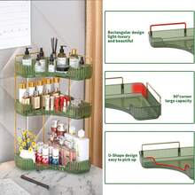 1pc 90-Degree 3-Tier Corner Shelf, U-Shape Opening Vanity Organizer, Large Capacity Makeup & Skincare Storage Rack with Gold Metal Frame for Bathroom Countertop, Space Saving. - Estante triangular para baño verde - Ver 8