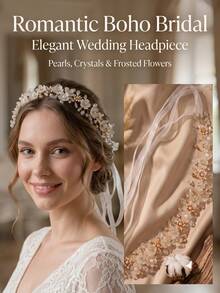 1pc Romantic Floral Crystal Headband, Bridal Wedding Hair Accessory, Golden Branch Rhinestone Hair Decor, Organza Ribbon,Summer,Beach - Gold - View 3