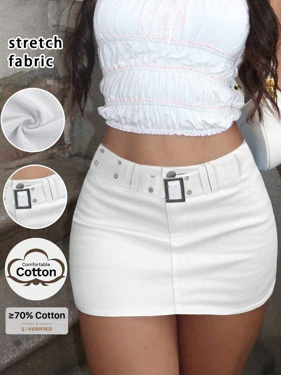 A-Line Waist Belt Denim Skirt, Solid Color Casual Summer Style White