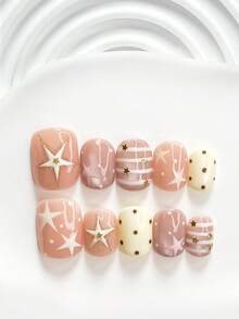 10pcs/Set Cute Handmade Press-On Nails, Polygel Nail Art Set, Star & Polka Dot Design, Yellow & Pink Sweet Style, Includes Nail Tools, 3 Sizes Available, Square/Short Square/Almond Shape, Suitable For Party, Dancing, Daily Wear (Handmade Details May Vary) - Multicolor - View 2