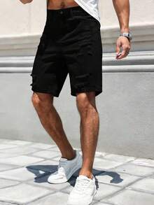 Men's Fashion Distressed Regular Straight Leg Durable Casual Denim Shorts Non-Stretch - Black - View 5