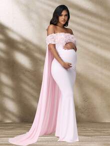 JustVH Maternity Floral Off-Shoulder Dress, Suitable For Baby Shower, Mesh Cape-Style Long Dress, Can Be Used As Photography Prop Spring Pink Fall - Pink - View 5