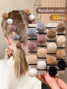 32pcs Autumn/Winter Fluffy Pom Pom Hair Ties For Girls, Soft Plush Ball Elastic Headbands, Morandi Color Hair Ropes For Girls, Suitable For Ponytail Daily Hair Accessories, Gift For Girls, Children's Hair Accessories - Multicolor - View 8