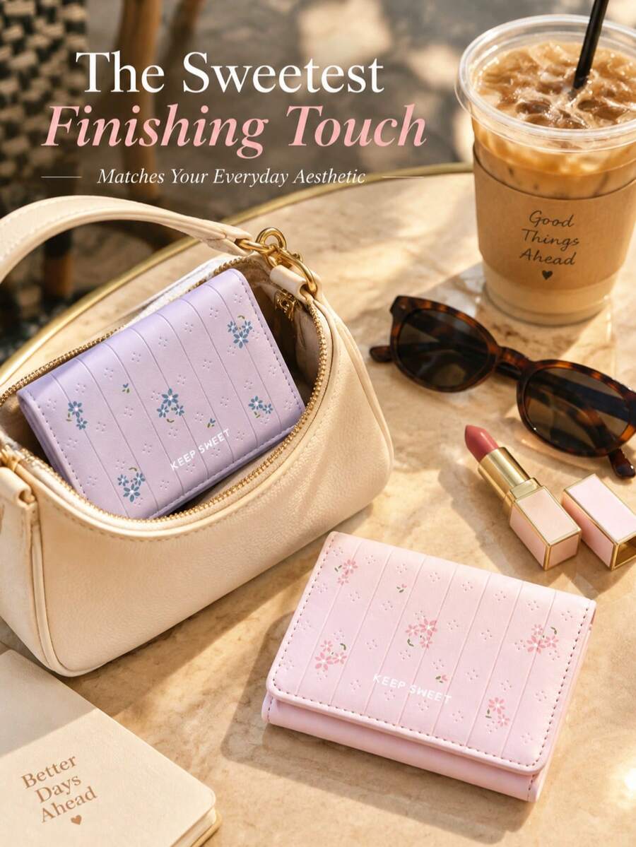 Wallets For Women Korean Style Trifold Wallet, Sweet Floral Short PU Leather Purse With Card Slots - Multicolor - View 1